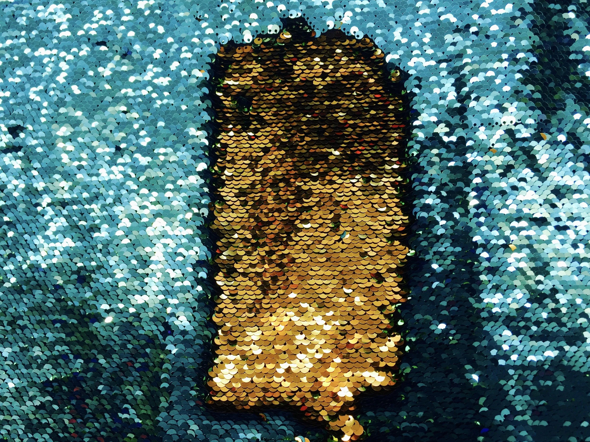 Teal/Gold Shiny 5mm Flip Up Sequin on Spandex, 54" inch, sold by the yard