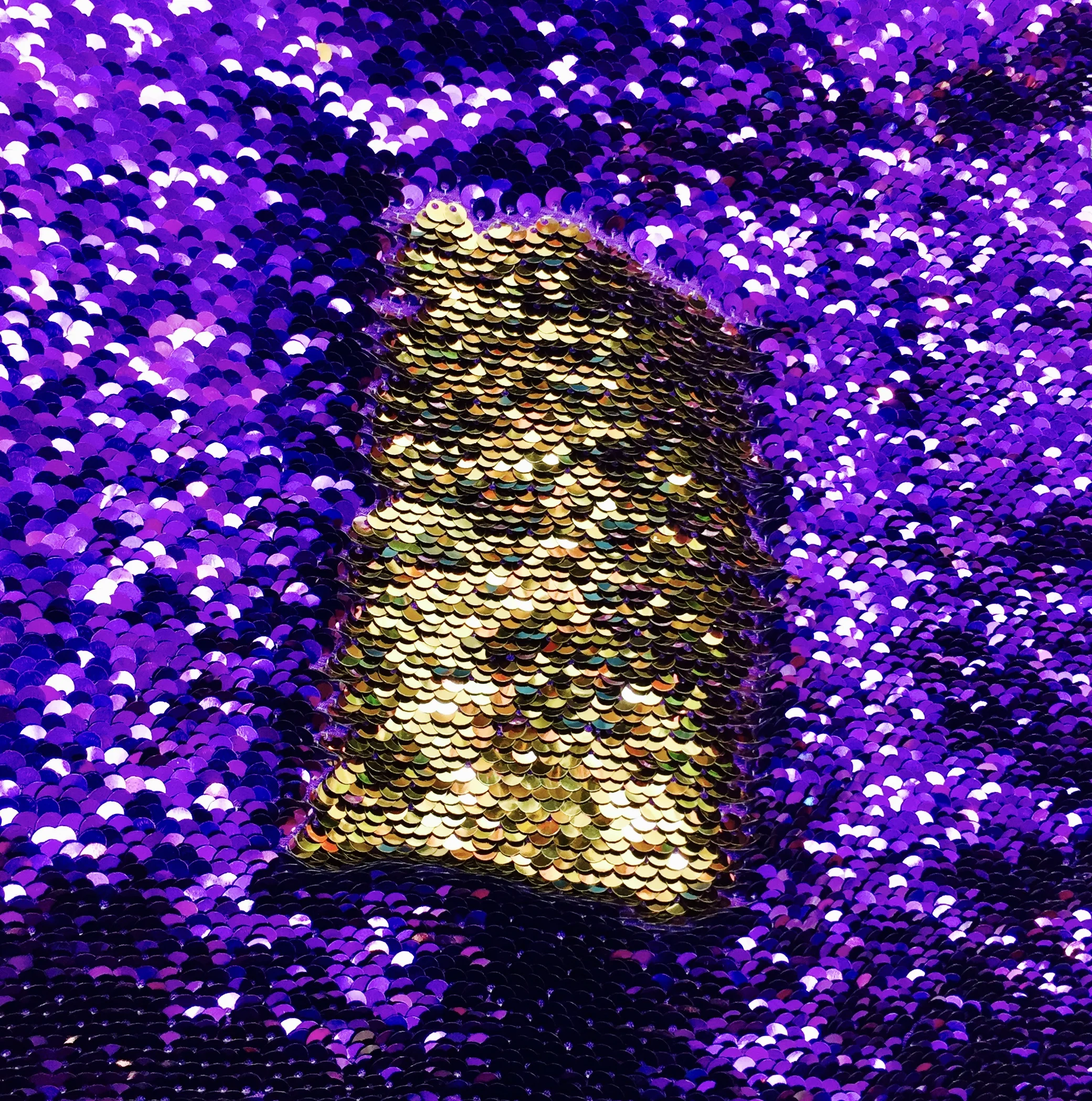 NEW Purple/Gold 5mm Shiny Flip Up Sequin on Spandex, 54" inch, sold by the yard