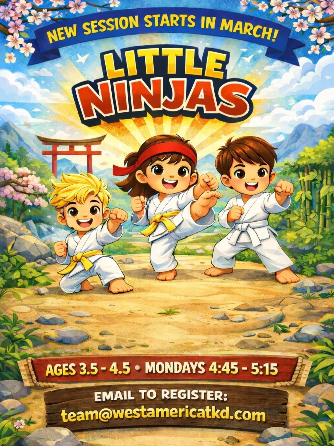 We are excited to announce that our next Little Ninjas session will be starting in March! There will be five classes (3/2, 3/9, 3/16, 3/23 and 3/30). The Ninjas class will be on Mondays 4:45-5:15.