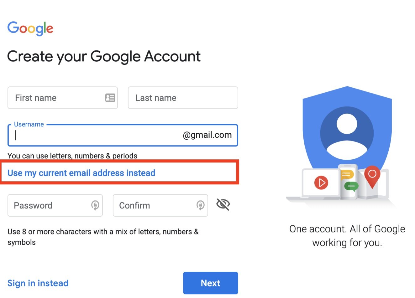 Gmail account create password