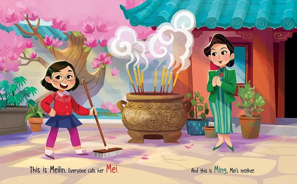 Sharing some interior spreads of Like Mother, Like Daughter. Won't be sharing anything spoilery :) Fun fact: I referenced Mulan for the smoke swirlies. #stephlew #photoshop #turningred #pixar #kidlitillustration #kidlitart #illustration