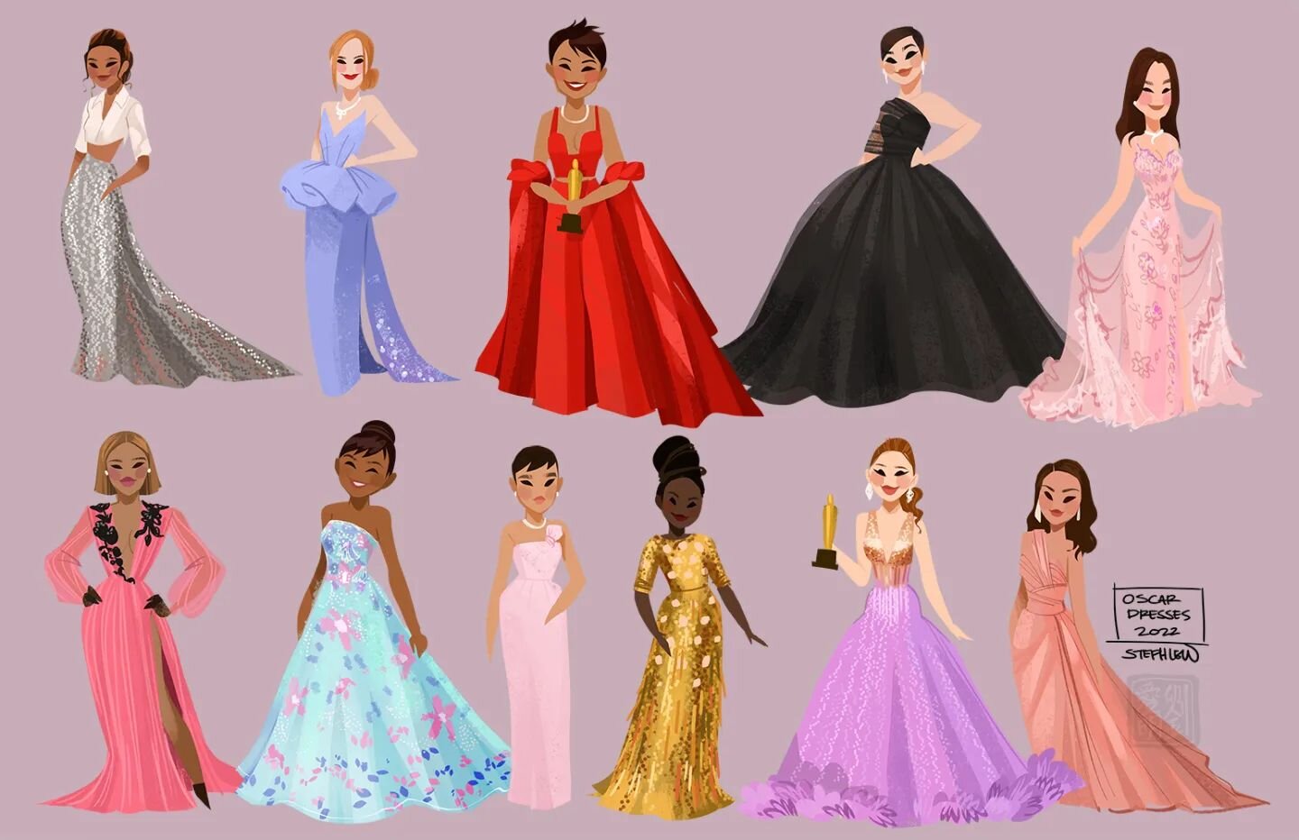 Some Oscar dresses for 2022! No standout favorites for me this year. Also totally forgot it was Oscar night! This year the doodles are a little rougher and quick! #stephlew #photoshop #oscars #dresses #illustration