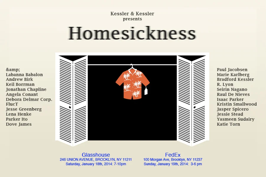 Art Practice alumni Bradford Kessler and Mathias Kessler (‘14) present Homesickness , a two-act event at Glasshouse ArtLifeLab this Saturday and Sunday January 18-19. The show will include work by their fellow alumni Angela Conant, Seirin Nagano, and Yasmeen Sudairy.