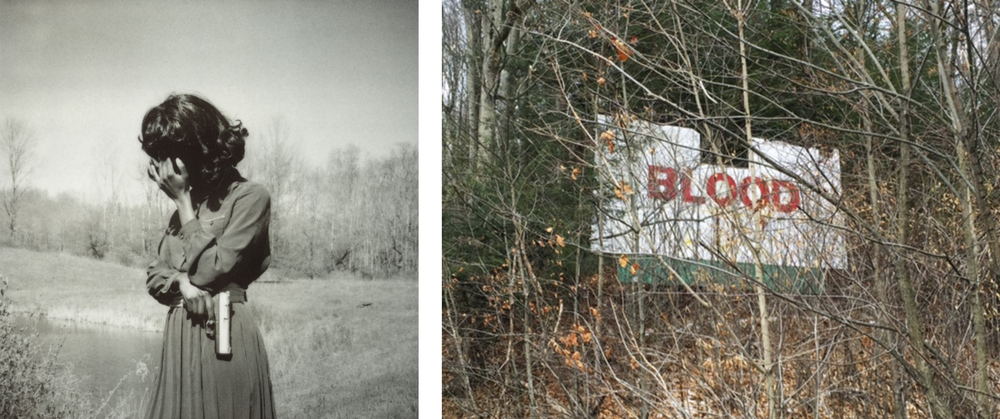 Left image: Marianna Rothen, Untitled #2 , In Despair, 2011, photograph. Courtesy of Steven Kasher Gallery. Right image: Mike Osterhout, Blood , 2016, mixed media on found object. Photograph by Samm Kunce. 