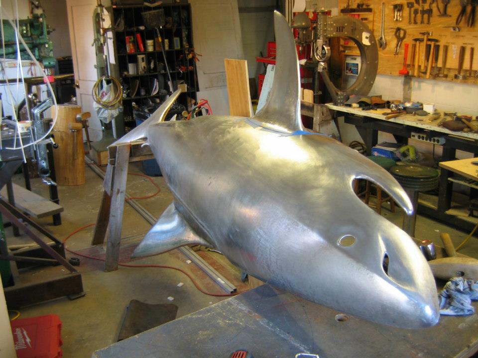  Process shot of the 11 foot aluminum shark in my studio. 