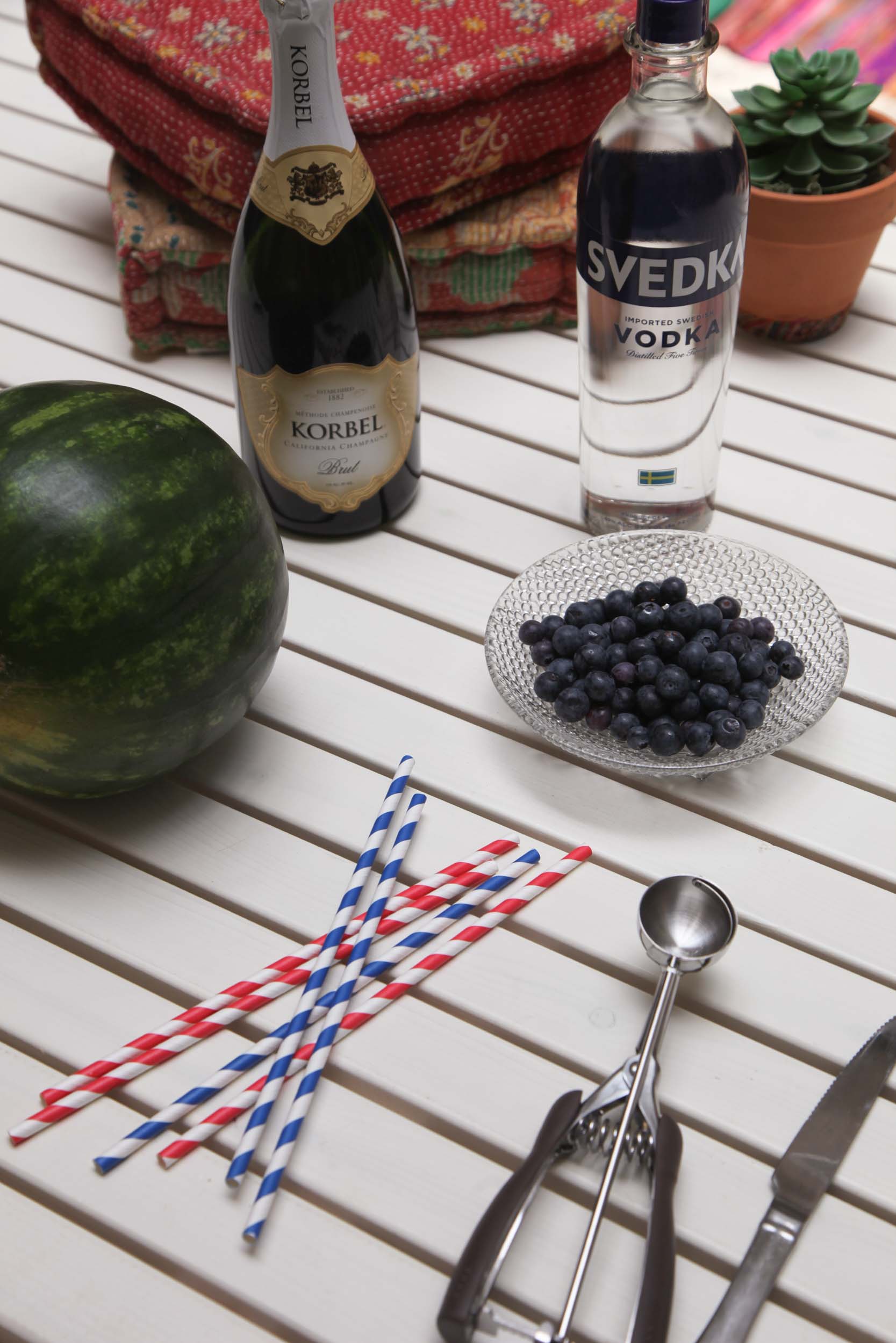 INGREDIENTS: - Vodka -Watermelon -Champagne -Blueberries SUPPLIES: -Knife -Melon Scooper
