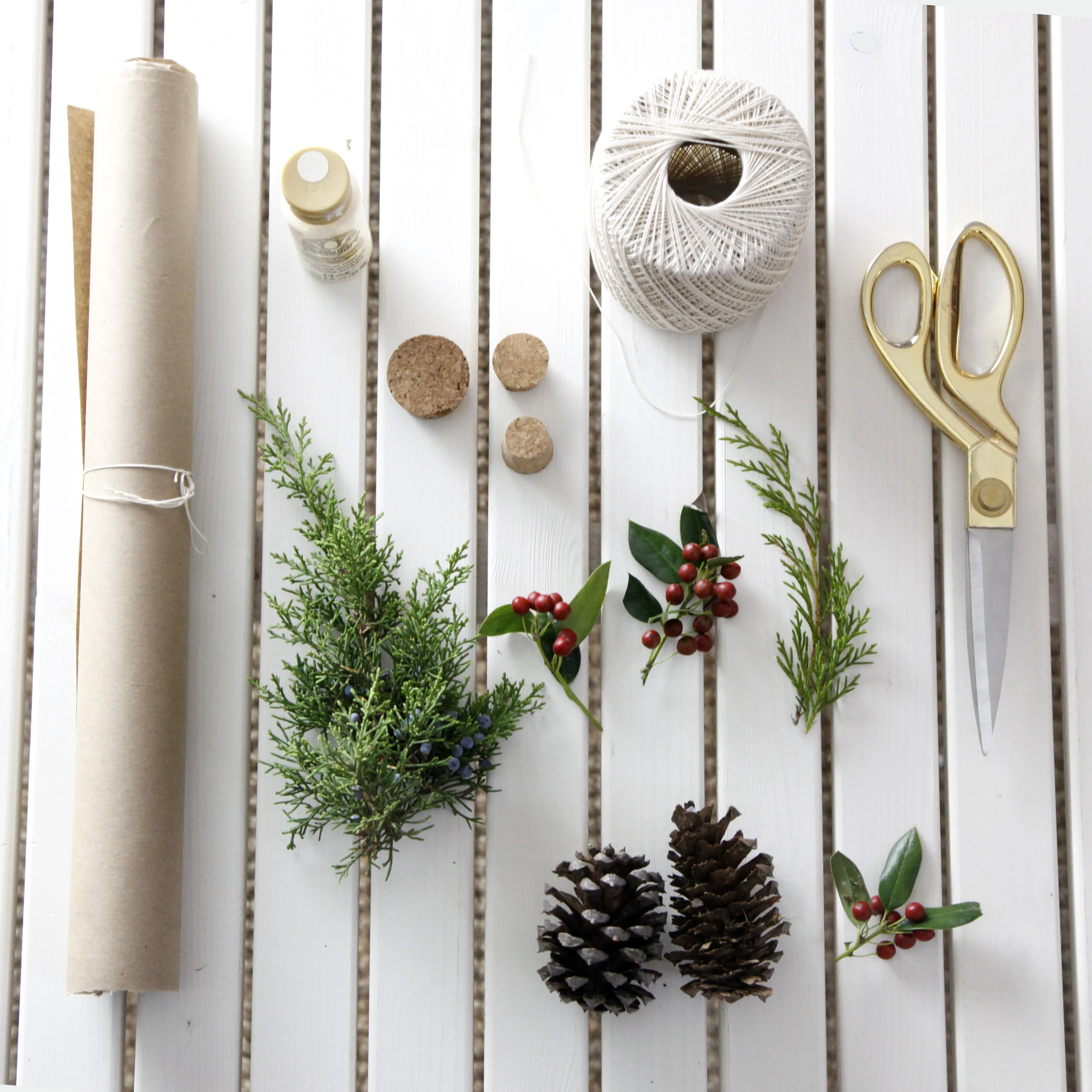 I purchased a roll of Simple Craft Paper & the rest... I made due. I used ordinary & everyday objects from in -and around- my house, such as wine corks, fresh greenery from the backyard, pinecones & even an old Dinosaur toy of my sons that I envisioned turning into stamps.