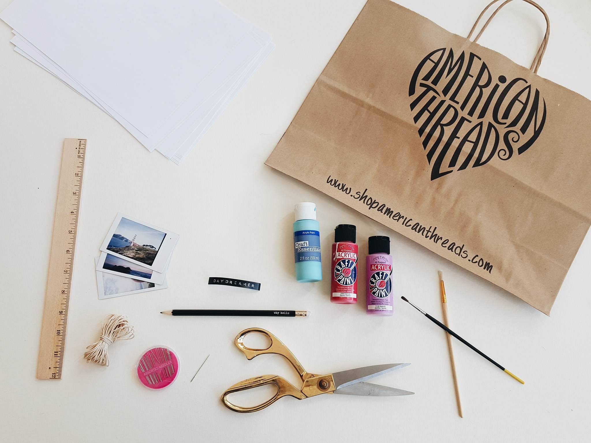 SUPPLIES: -Recycled Brown Shopping Bag -White Office Paper -Scissors -Ruler Needle & String -Pencil -Paint -Paint Brushes -Misc Collage Items (photos, tickets, labels, flowers, magazine scraps, etc)