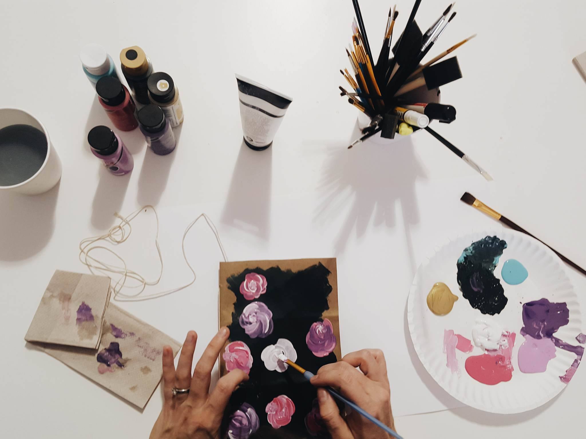 Customize your cover with a painted design of your choosing. Don't be afraid to get messy or have imperfections, the made-by-hand-ness, makes your journal so special.