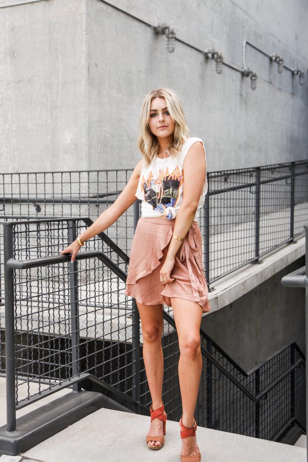 The perfect mix of edgy and feminine; I love the contrast of pairing a band tee with a flirty bottom like the Sophia Wrap Skirt . Rock this look at a music festival or summer concert as you dance the night away.