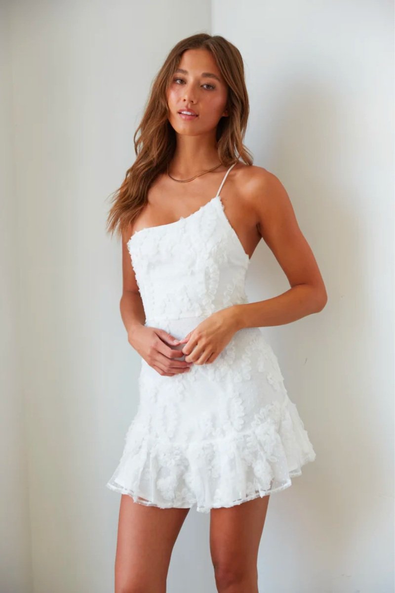 Livia One Shoulder Lace Ruffle Mini Dress in White