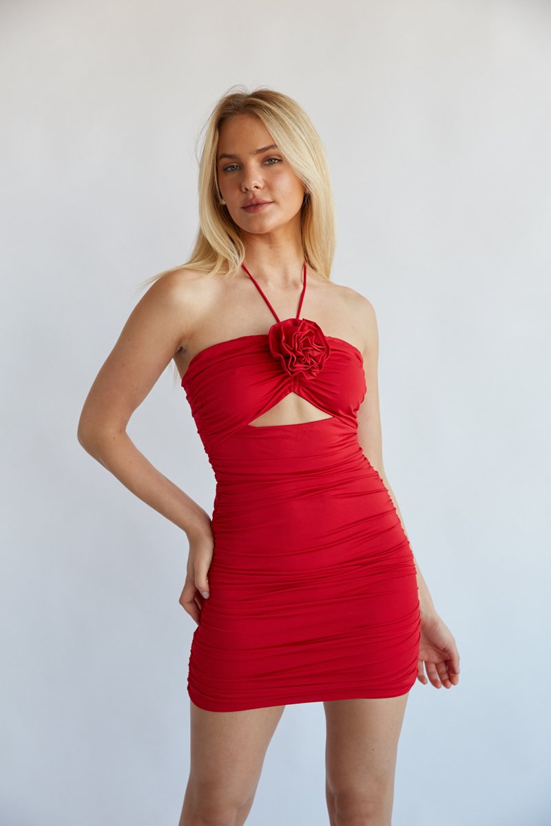 Madalyn Rosette Cutout Mini Dress in Red 