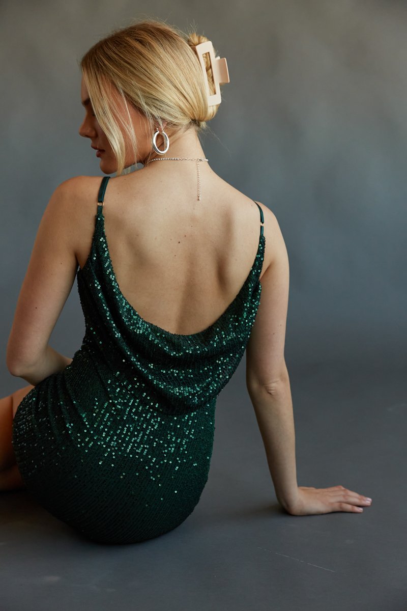 Selena Open Back Sequin Mini Dress in Emerald