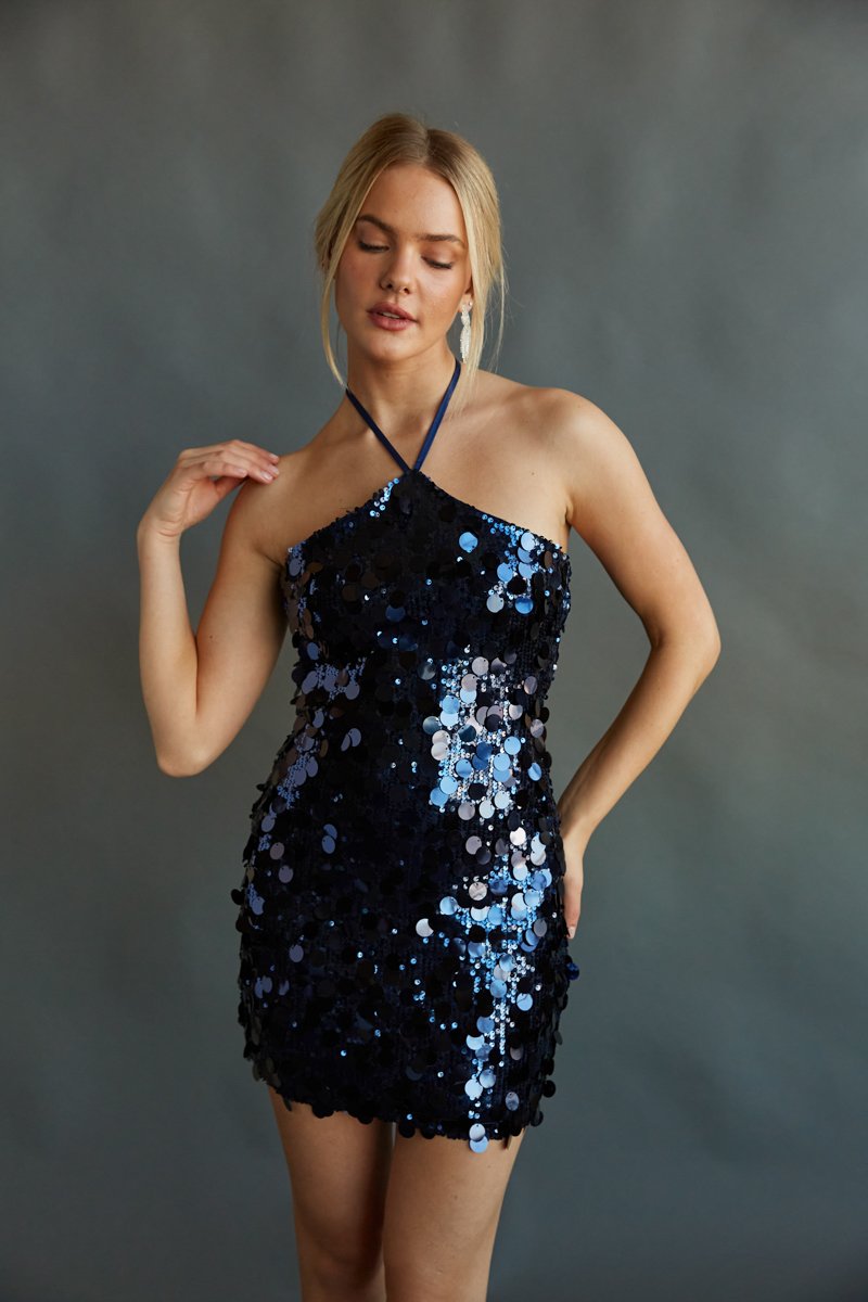 Elana Sequin Halter Mini Dress in Midnight Blue