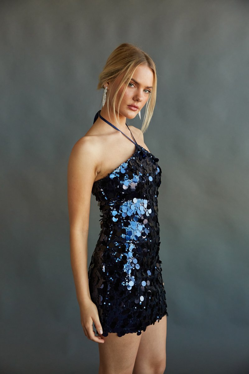Elana Sequin Halter Mini Dress in Midnight Blue