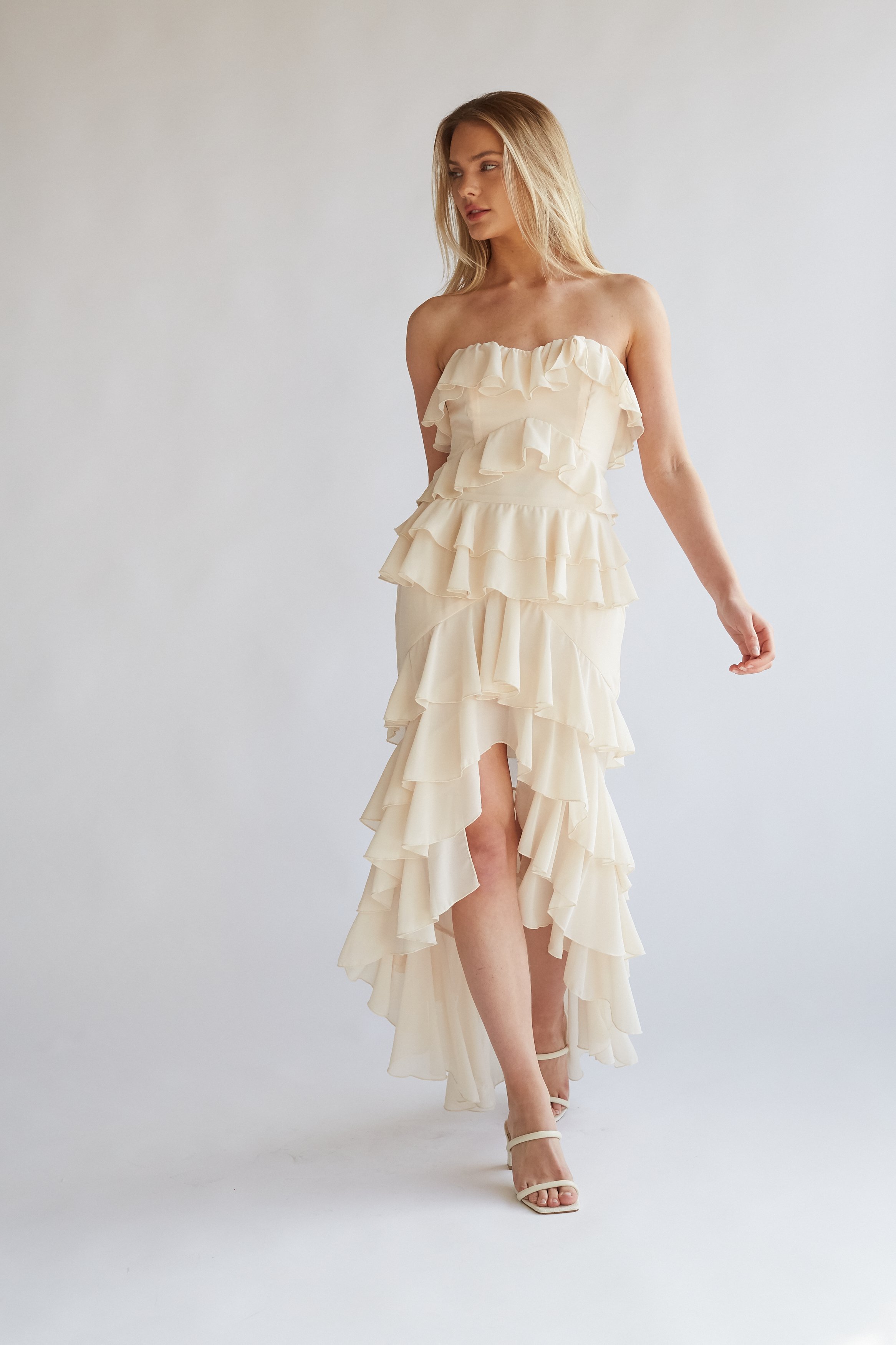 Clementine Strapless High Low Ruffle Maxi Dress