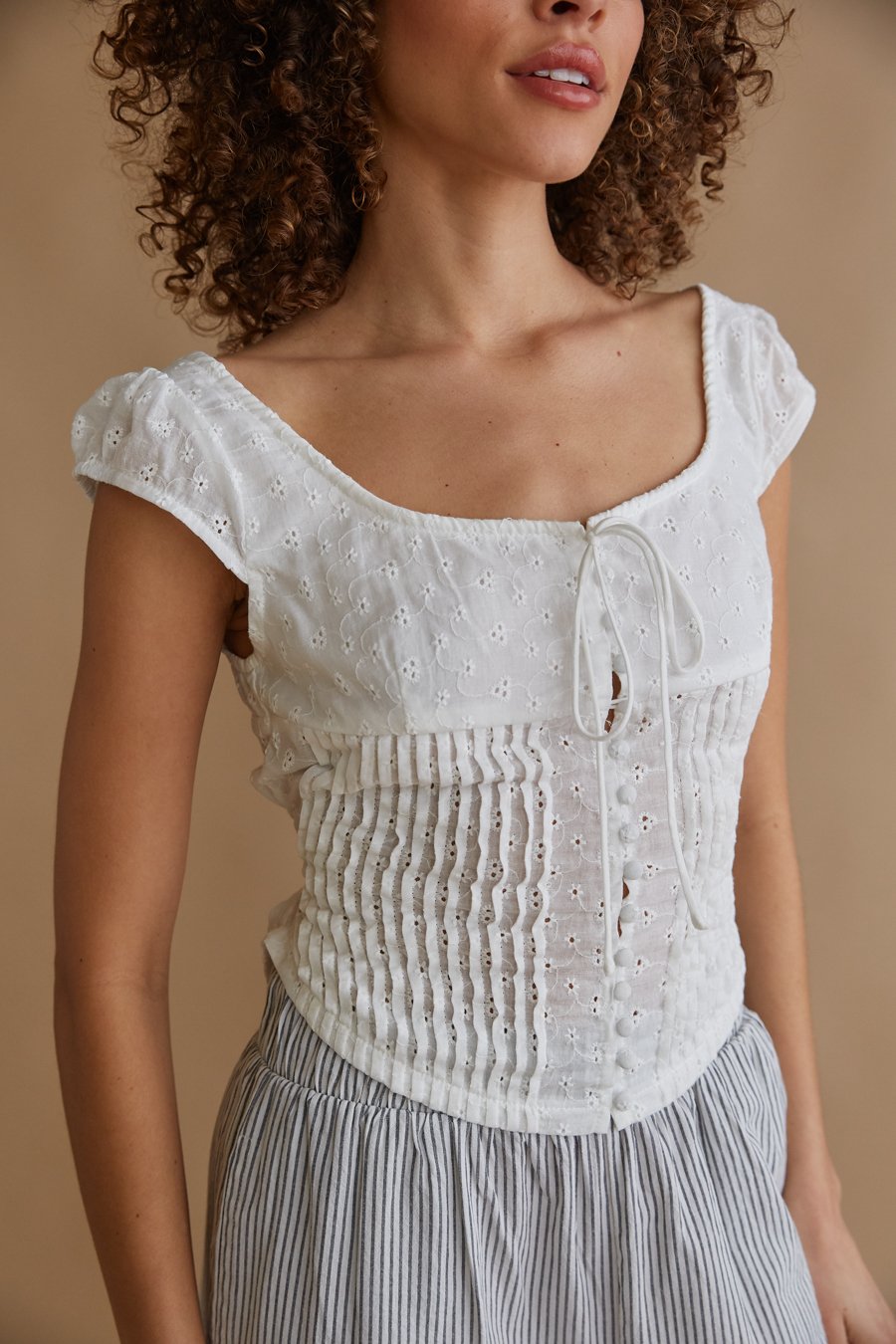 Fern Pleated Eyelet Button Up Blouse