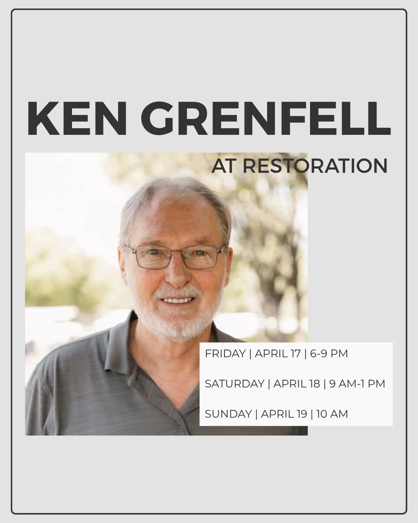 We are super excited for a special weekend of training with Ken Grenfell starting tonight! Ken is a trusted friend of Restoration and partner in the gospel who has ministered at Restoration many times. We hope to see you there!