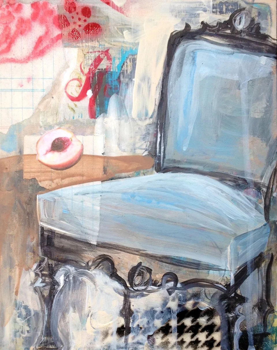 Blue Chair with Peach mixed media on board 12 X 9 inches SOLD
