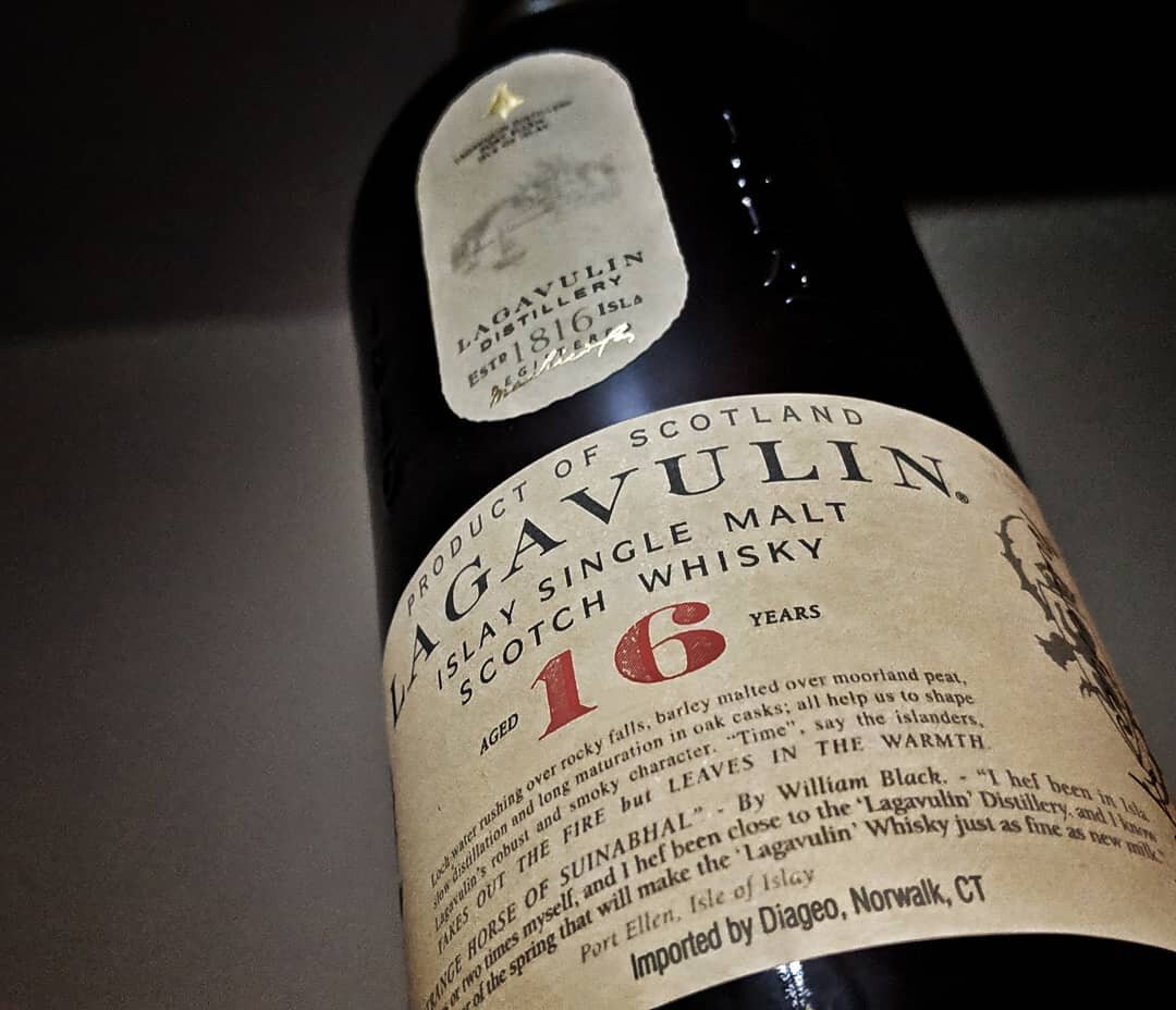 Absolutely in my top 5 favorite Scotches. 
Lagavulin 16yr

Location: Islay
Water source: Solum Lochs
Flavor: Massive peat-smoke, slightly sweet and salty, medicinal notes... #scotch #whiskey #whisky #singlemalt #scotchwhisky #whiskygram #scotland #dr