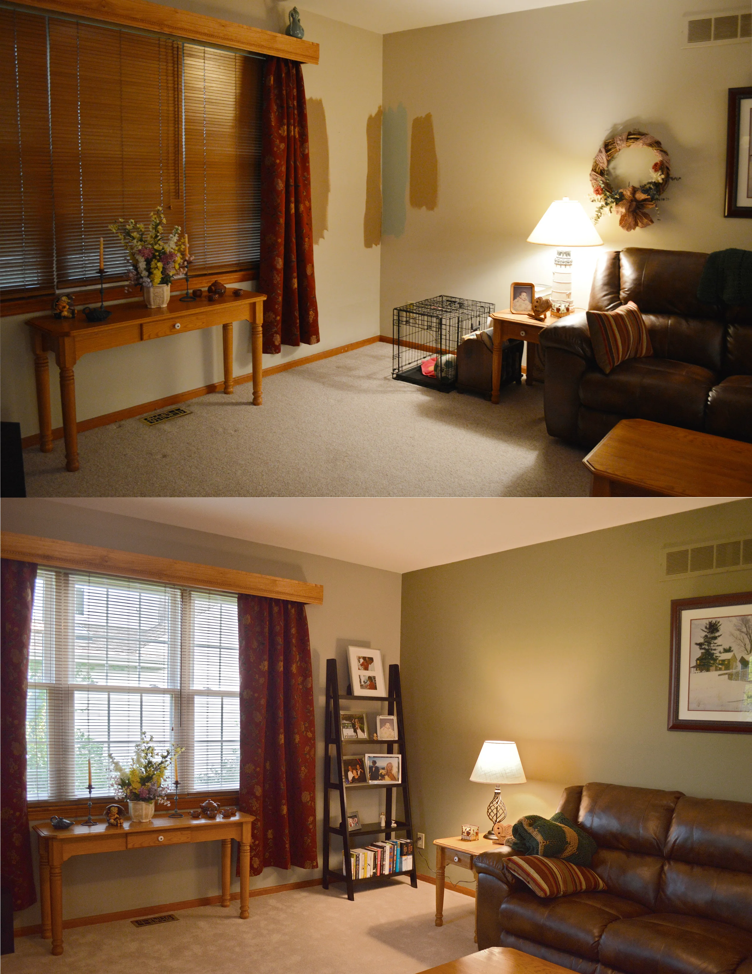 Living room before and after. Colors: SW 7502 - Gray Area &amp; SW 7737 - Meadow Trail