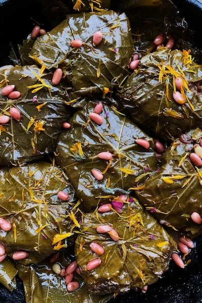   olive oil poached stuffed grape leaves  