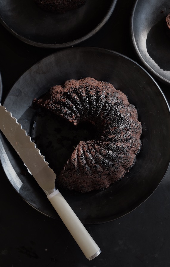 steamed chocolate olive oil cake with sesame