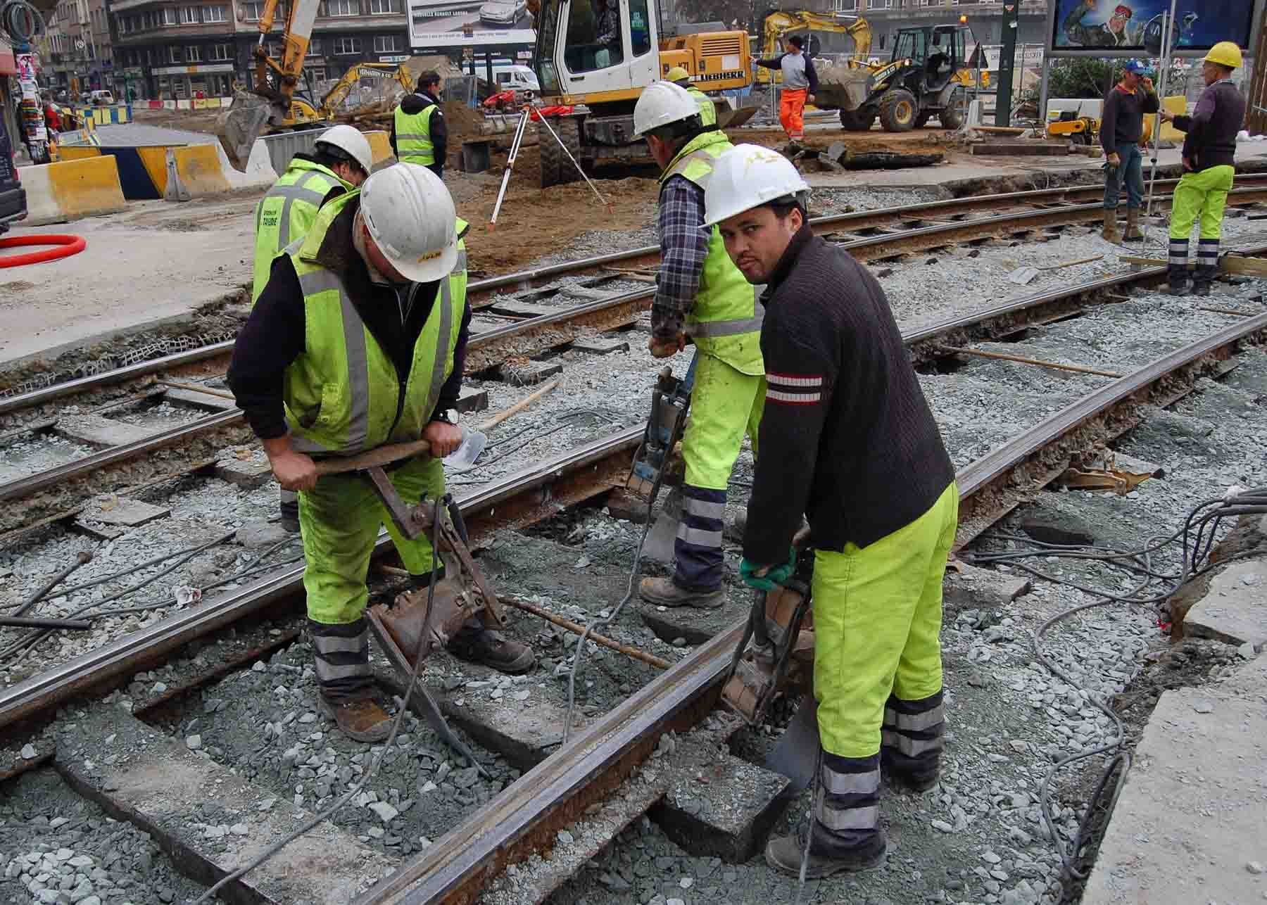  Laying new tram tracks, Place Falgey, Brussels, 2007 