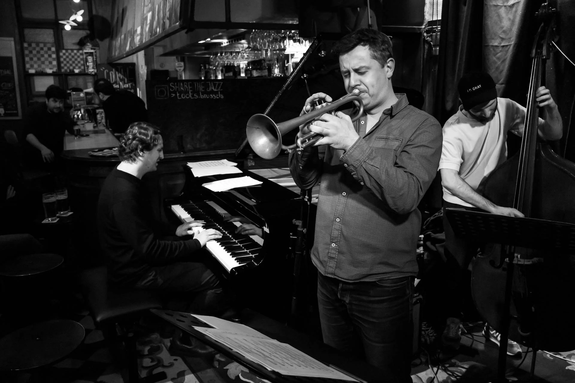  The Pascal Mohy / Ben Slujys Quintet, with Jean-Paul Estievenart on trumpet, plays  Toots Jazz Club , January 2026. Seated at the bar in the background is Joachim Caffonnette, Toots’ proprietor, programmer and resident pianist. 