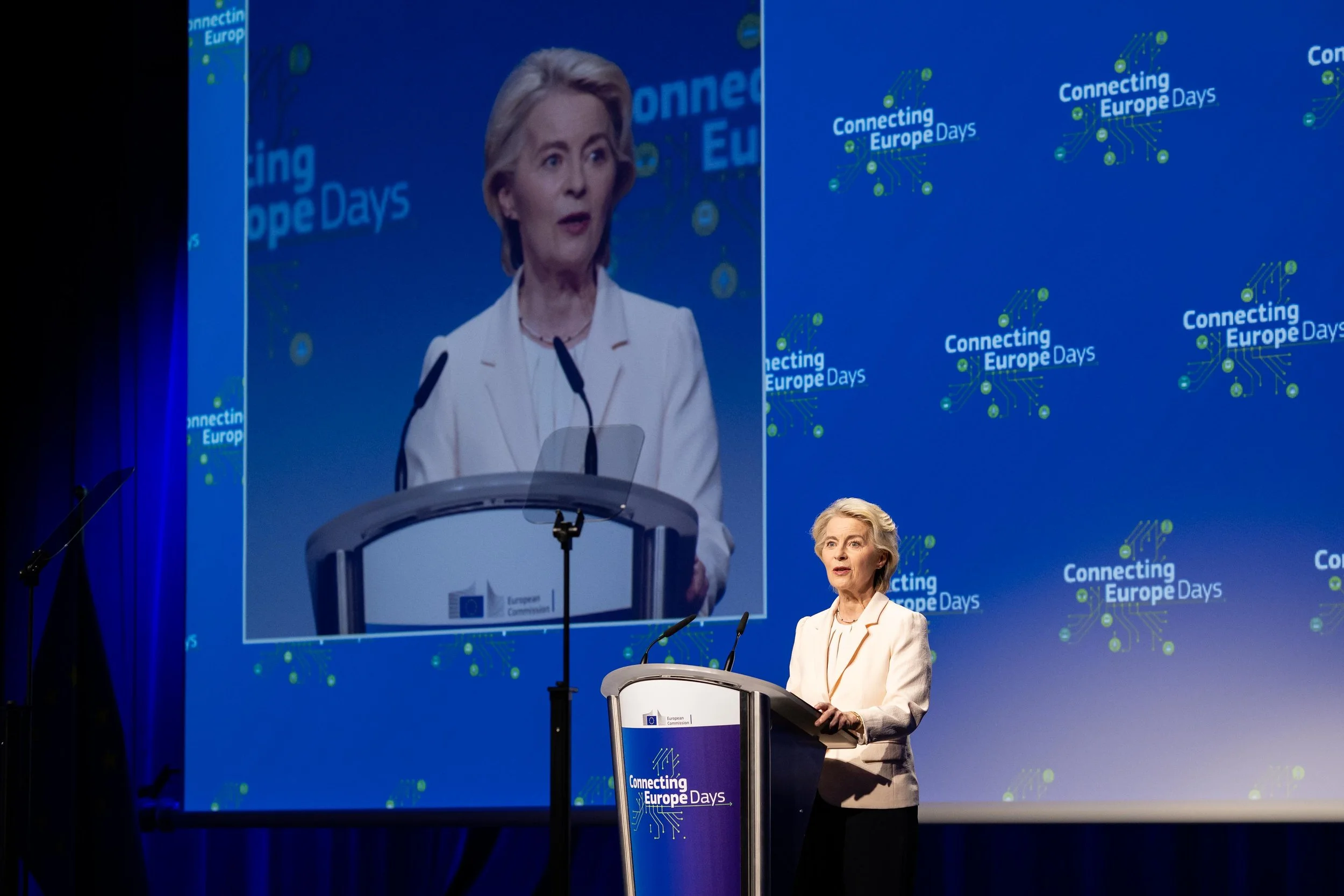 President of the European Commission, Ursula von der Leyen, addresses the Connecting Europe 2026 conference in Brussels.