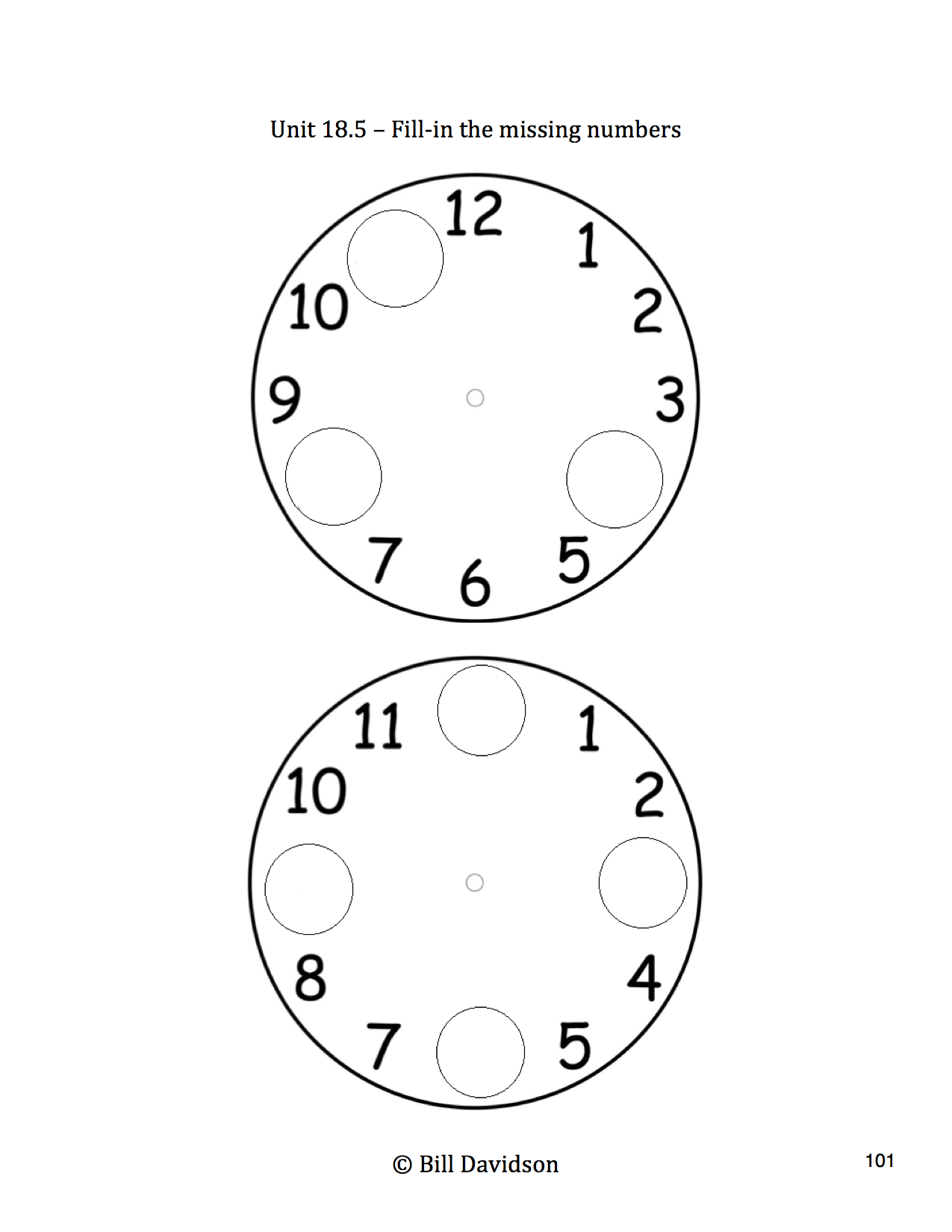 Missing Numbers on a Clock Worksheet