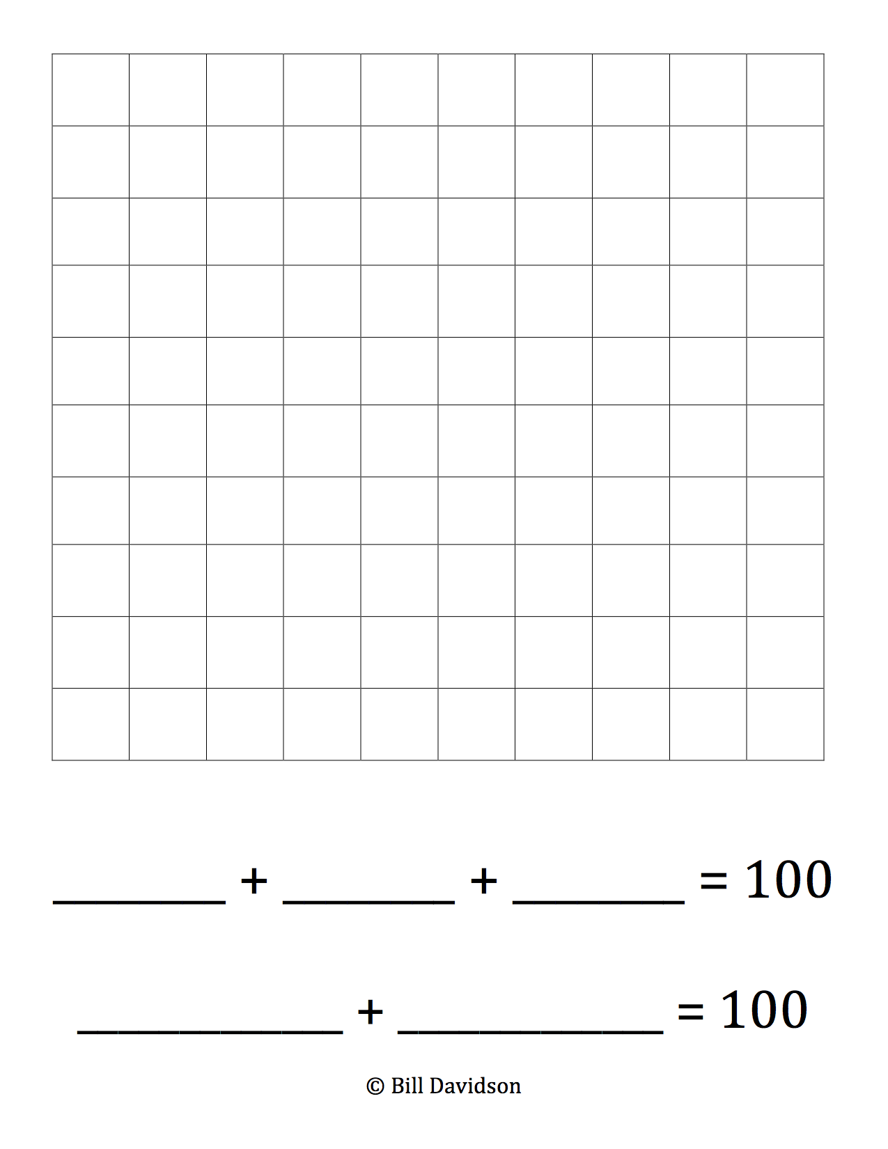Add & Subtract to Make 100 Grids