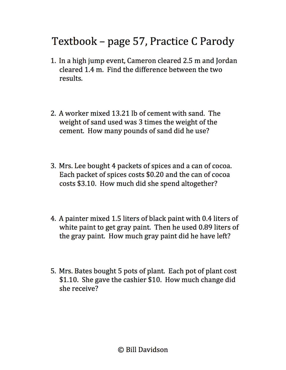 The 20 Operations of Decimals Word Problems — The Davidson Group Pertaining To Dividing Decimals Word Problems Worksheet