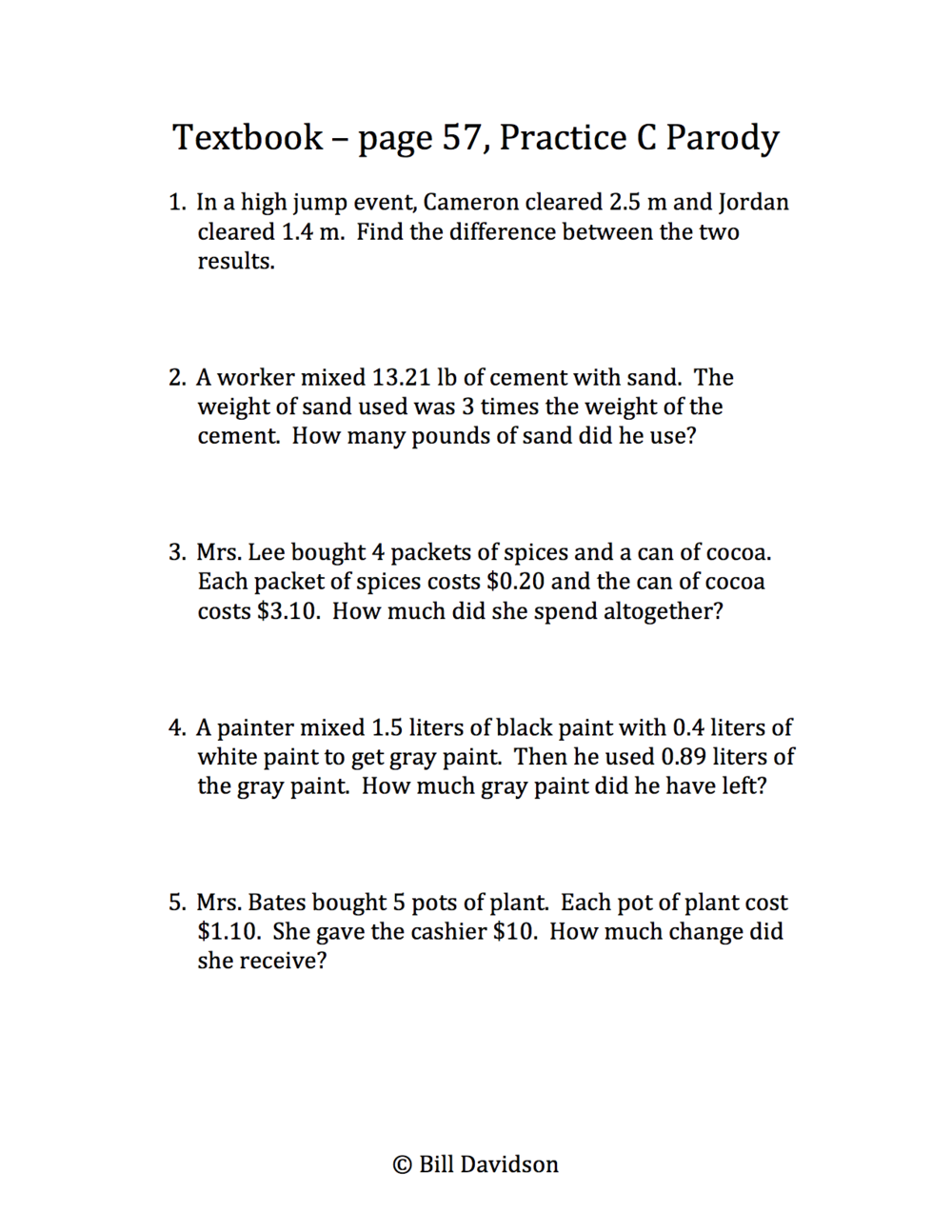 The 20 Operations of Decimals Word Problems — The Davidson Group For Decimal Word Problems Worksheet