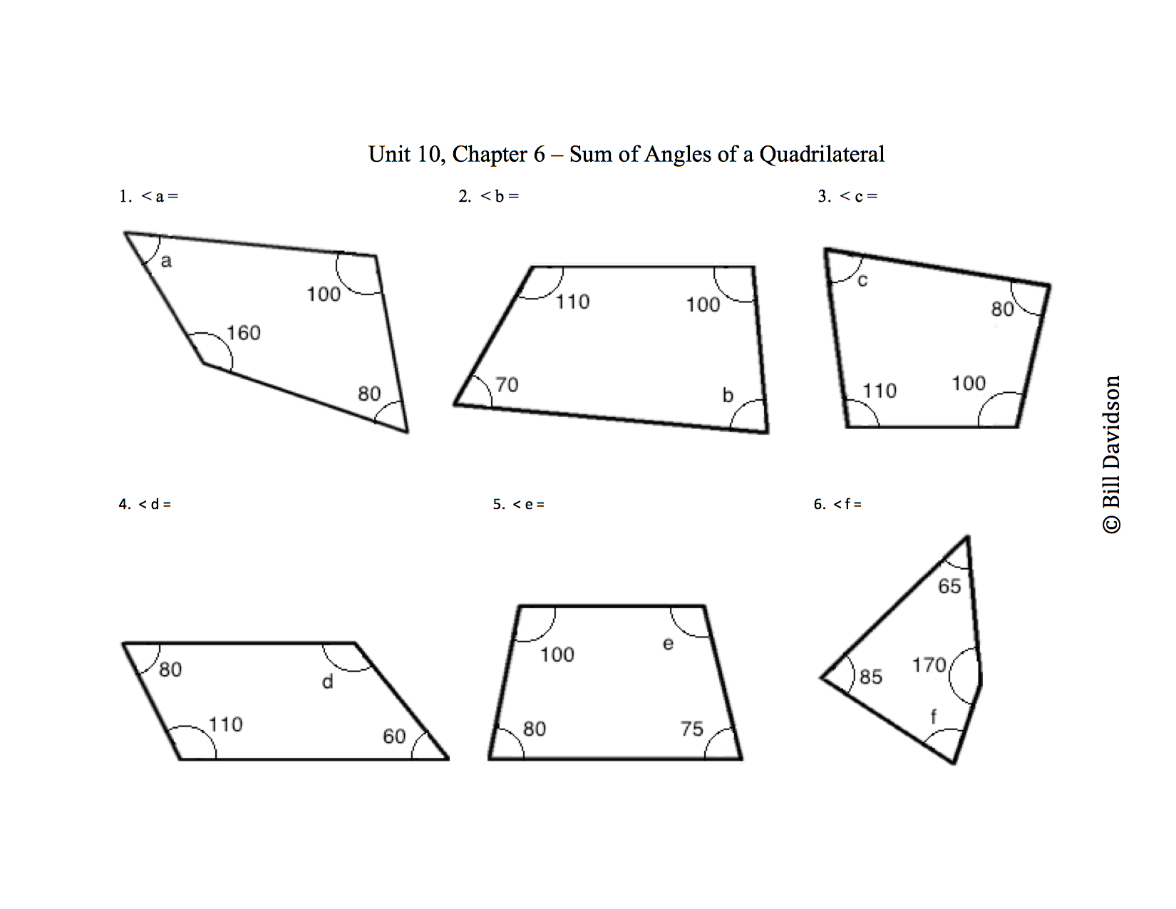 Sum of Angles in a Quadrilateral Worksheet