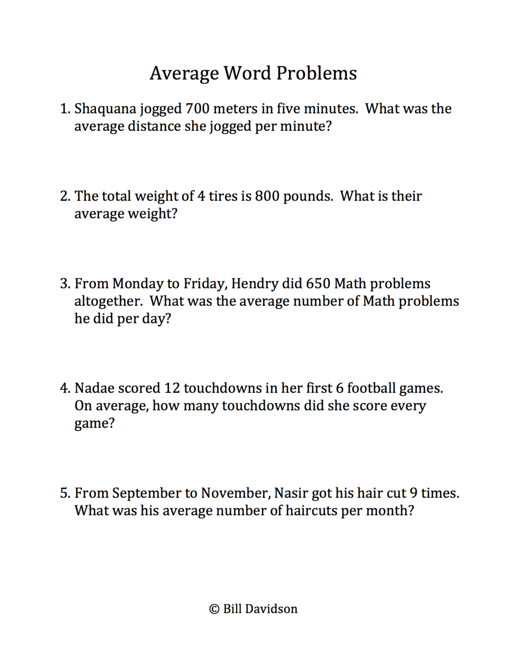 Remedial Average & Rate Word Problems — The Davidson Group In Unit Rate Word Problems Worksheet