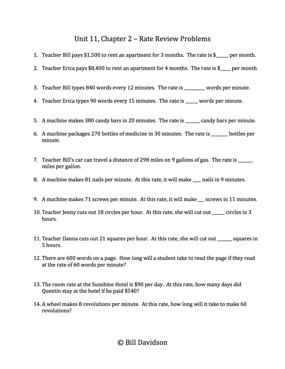 Remedial Average & Rate Word Problems — The Davidson Group Pertaining To Unit Rate Word Problems Worksheet
