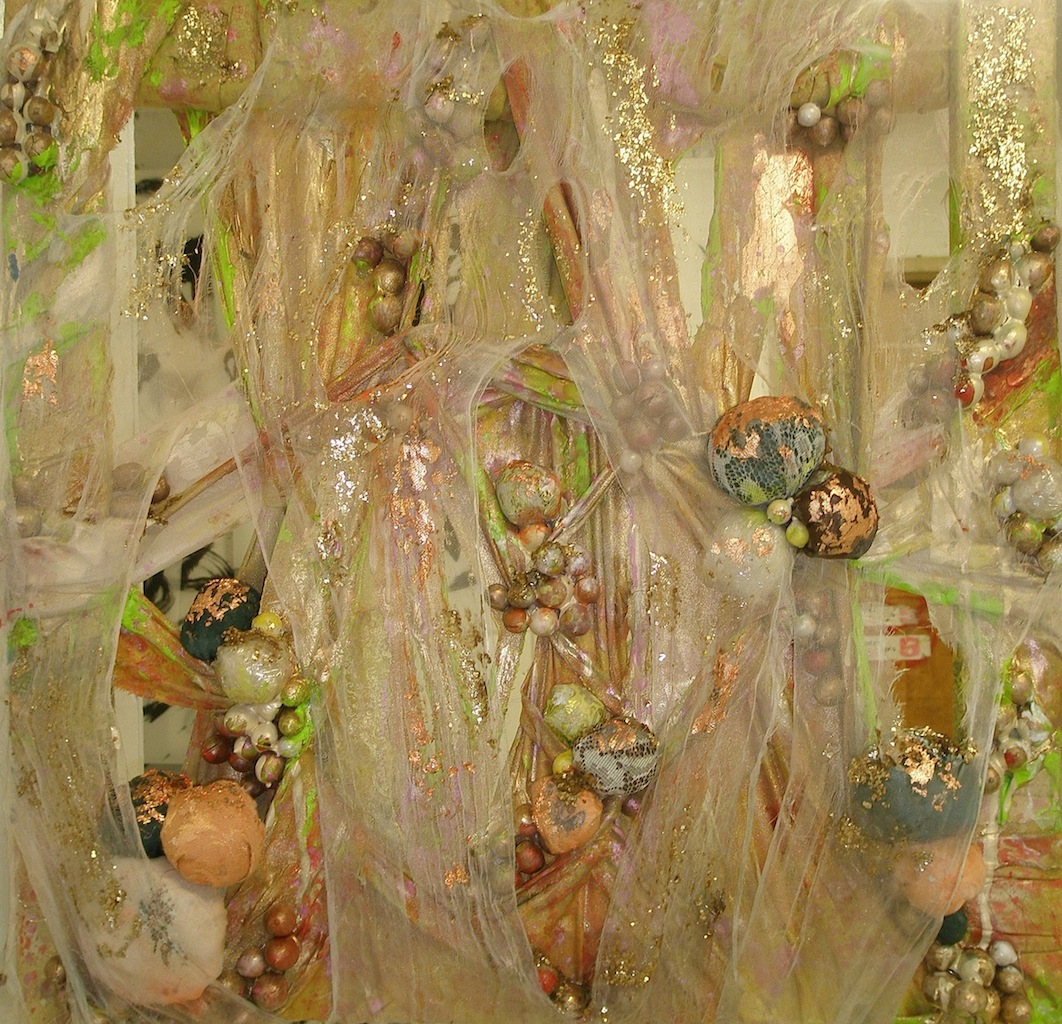  2011,&nbsp; Golden Balls   24"x24". Curtains, lace, acorns, plastic, acrylic paint, spray paint, gold leaf. 