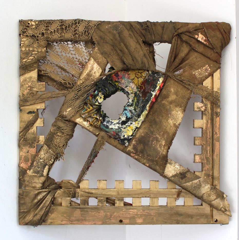  2012,  Crowe's Toe   12"x12". Found frame from John Crowe's MassArt office, spray paint, gold lead, lace, upholstery, wallpaper, leather rope.   