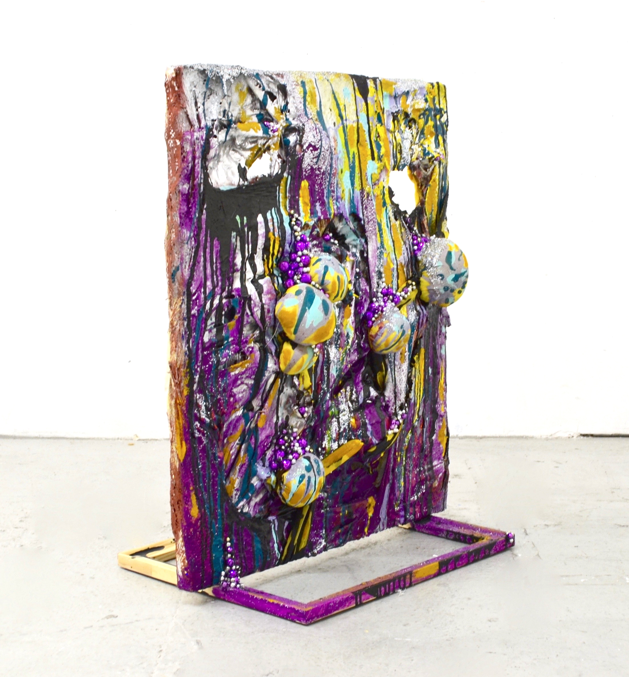 2015, Don't Need No Walls Free-standing painting that stands 36" tall and uses readymade stretchers as a supportive base. Spray paint, house paint, acrylic paint, glitter, lace, curtains and beads. 