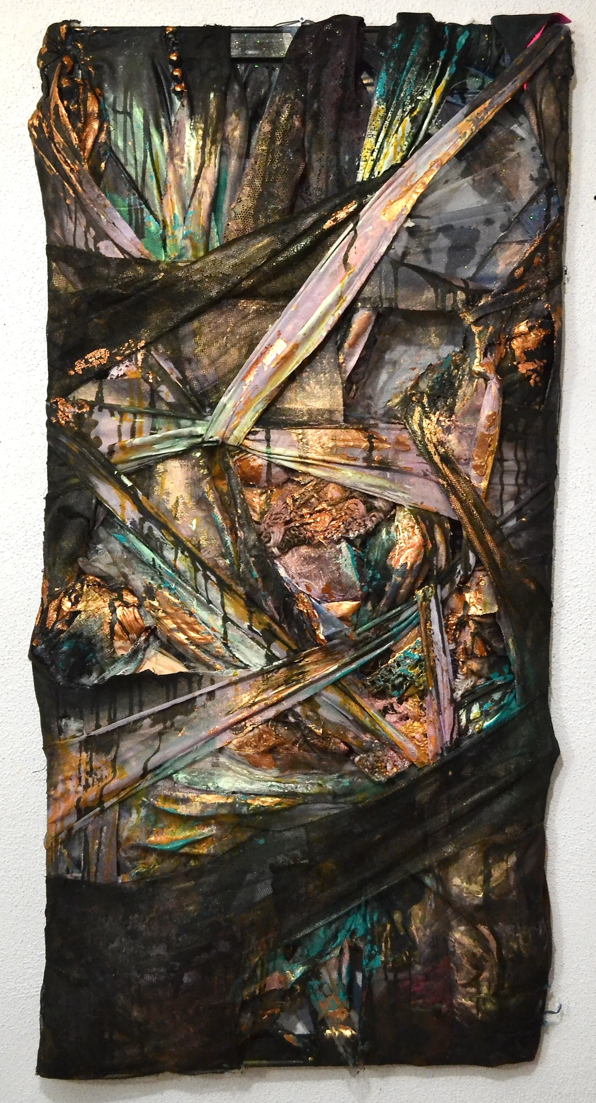 2012, Lady 48"x30". Beads, lace, spray paint, acrylic paint, gold leaf, scarf, yarn. 