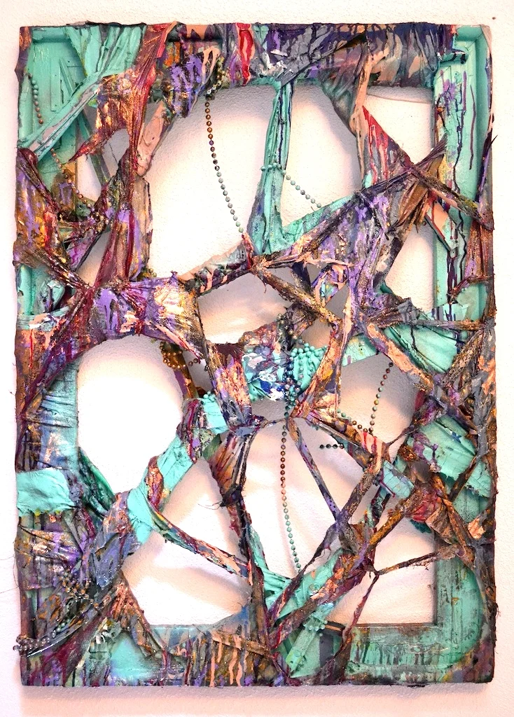 2013, Decay 40"x30". Found frame, beads, gold leaf, spray paint, house paint, acrylic paint, house linens, wood scraps.