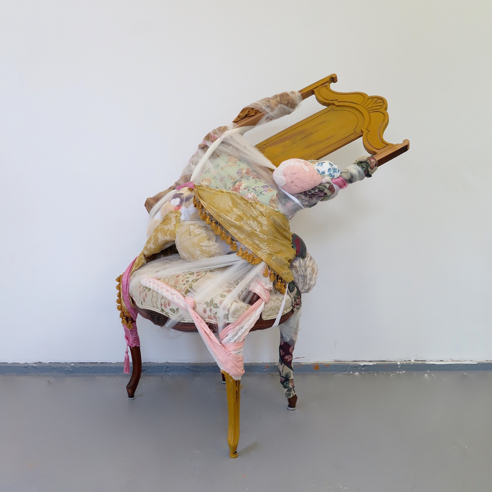 Hang In There, 2016 chair bottom, chair back, curtains, pantyhose, afghan blanket, pillowcase, house paint