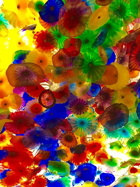 Chihuly hand-blown glass flowers on the ceiling of the lobby