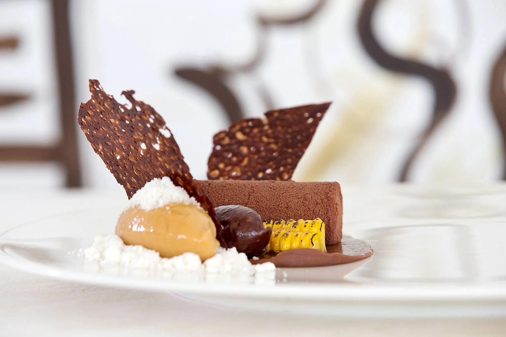 Chocolate course with grilled corn