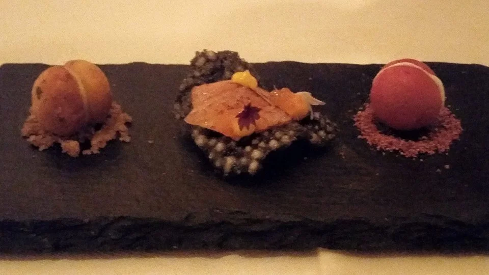 Amuse Bouche: Parmesan and gruyere fritter, blackened salmon on a tapioca chip and a beetroot macaroon