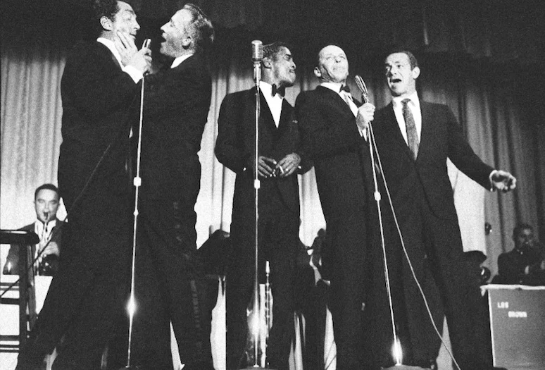 From left, Dean Martin, Bing Crosby, Sammy Davis, Jr., Frank Sinatra, and Jack Carter perform at the Riviera in Palm Springs. PHOTO COURTESY OF PALMS SPRINGS LIFE ARCHIVES
