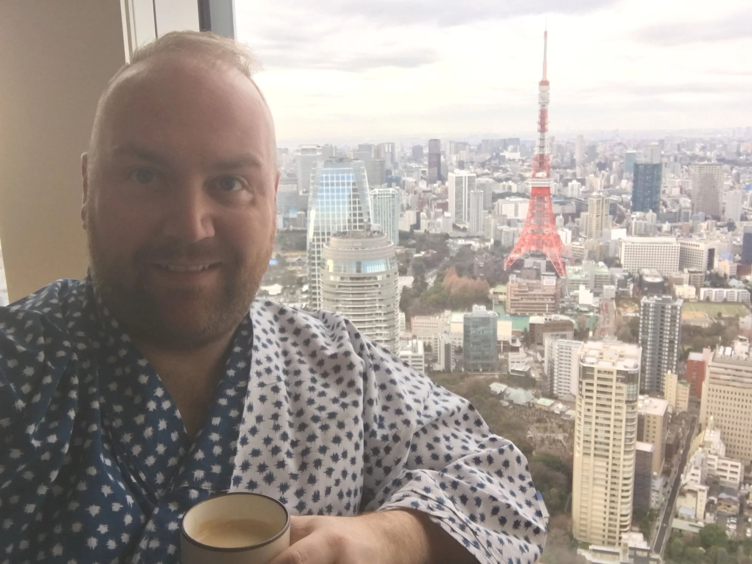 Enjoying my morning coffee in the hotel robe