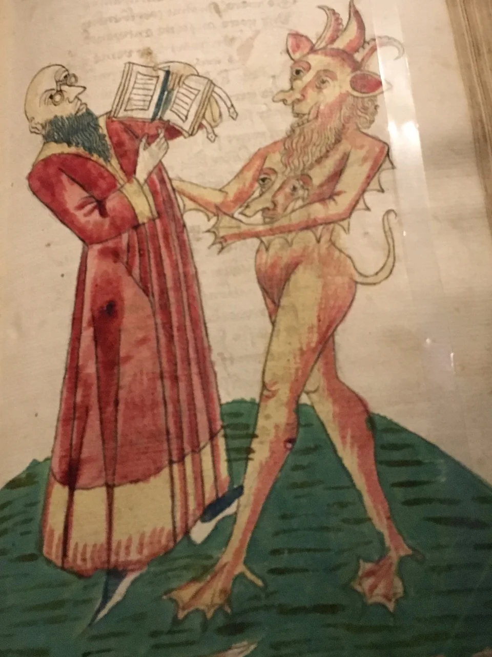 Theodas with the Book of Magic and the Devil Hagenau, 1469, Workshop of Diebold Lauber. "The limited color palette in this manuscript belies its remarkable character. Whereas the iron-gall ink, copper green and azurite blue were ubiquitous in the fifteenth century, the rich, organinc red of the sorcerer's cloak has been identified as coming from the rhubarb plant...." - Getty Museum, Los Angeles