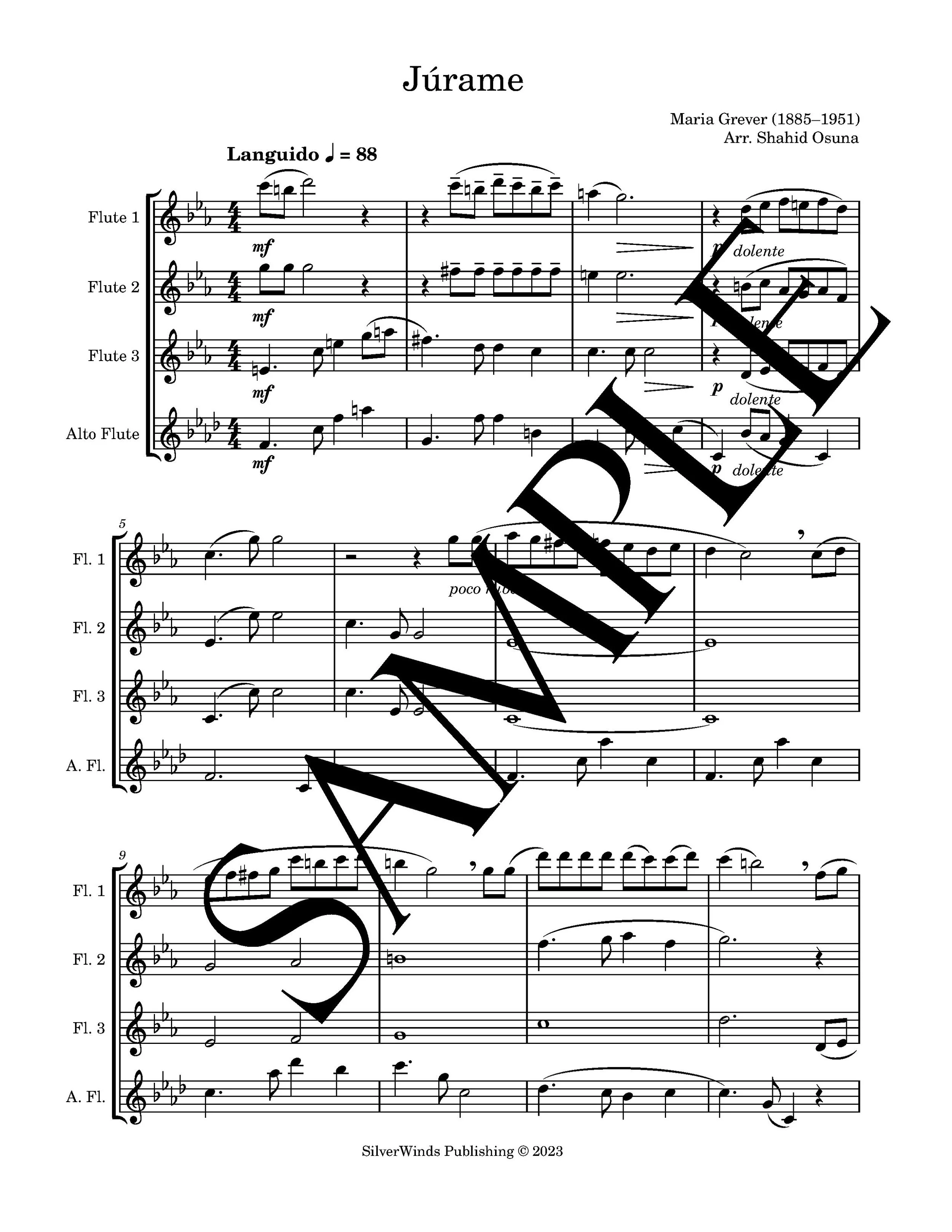 sample of Júrame score for Flute quartet